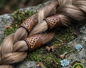 Viking Hair Rings, Celtic Knot Braid Beads, Leather Dread Cuffs, Nordic Beard Jewelry, Medieval LARP Cosplay Accessories, Festival Gifts Set
