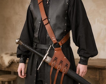 Medieval Leather Sword Harness Holder, Adjustable Medieval Scabbard, LARP Cosplay Belt, Durable Weapon Carrier, Authentic Fantasy Accessory