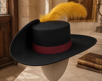 Victorian Feathered Felt Hat, Black Wool Brim Fedora, Handmade Gothic Headwear, Elegant Vintage LARP Headwear*
