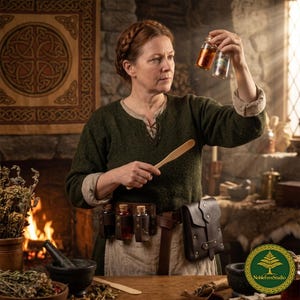 Może przedstawiać: Kobieta w zielonej tunice bada dwie małe szklane butelki wypełnione bursztynowymi płynami. Trzyma drewnianą szpatułkę i ma na sobie skórzany pas z fiolkami. Kominek i zioła w tle sugerują średniowieczny motyw apteki.