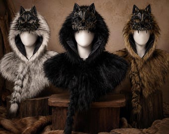 Viking Wolf Head Hood Cape, Gothic Faux Fur Hooded Cape, Warm Festival Costume, Cold Weather Accessory, Gothic Fashion Piece, Winter Wrap