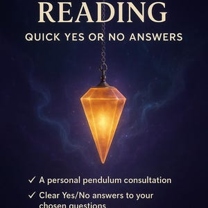 Może przedstawiać: Obraz promujący odczyty wahadełkiem. Tekst brzmi "PENDULUM READING" i "QUICK YES OR NO ANSWERS". Geometryczne, świecące wahadełko wisi na łańcuchu. Dodatkowy tekst podkreśla korzyści z osobistej konsultacji i szybkich odpowiedzi.