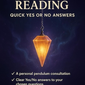 May include: An advertisement for pendulum readings. The image features the text "PENDULUM READING" and "QUICK YES OR NO ANSWERS". A glowing, geometric pendulum is suspended from a chain. Further text details the benefits of a personal consultation and quick answers.