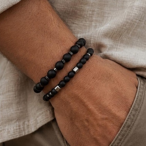 Mens Black Onyx Bracelet Set Hematite Protection Beads Grounding Crystal Stacking Gift for Boyfriend