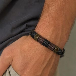 Men’s Leather Wrap Bracelet Brown Black Multi Layer Cuff Rugged Stacked Wristband Leather 3rd Anniversary Gift