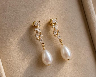 Gold Pearl Drop Earrings Bridal Pearl Dangles Wedding Jewelry Bride Gift Romantic Anniversary Gift