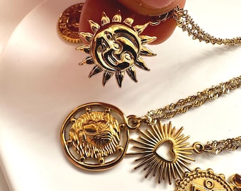Gold Celestial Medallion Necklace: Sun, Moon & Star Astrology Jewelry
