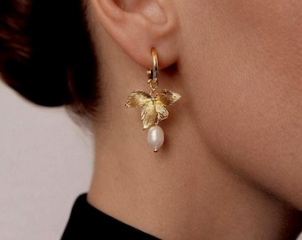 Gold Orchid Pearl Drop Earrings: Romantic Botanical Bridal Jewelry