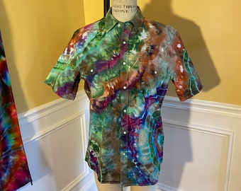 Green/Purple/Gold Agate Men's Tie Dye Short Sleeve Snap Shirt