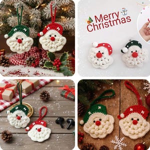 May include: Crocheted Santa Claus ornaments in red and green with white beards and red noses. The ornaments are hanging from red and green strings. The image includes the text "Merry Christmas".