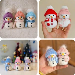May include: Crocheted snowmen with colorful hats and scarves. The snowmen have black button eyes and carrot noses. The hats are purple, pink, and blue. The scarves are patterned. The snowmen are small and handmade.