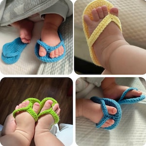 May include: A collage of four images showcasing baby feet wearing crocheted flip-flops. The flip-flops are in various colors: blue, yellow, and green. The crochet work is visible, highlighting the handmade nature of the footwear.