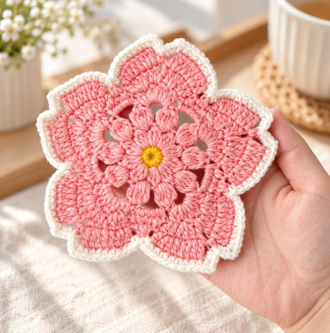 3D Flower Crochet Coaster Pattern PDF, Floral Mug Rug, Pink Blossom ...