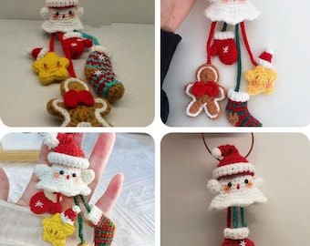 Gehaakte kerstsleutelhangerset amigurumi | Amigurumi-kerstman, peperkoekmannetje, want, sterretjes | Feestelijk vakantiecadeau | Kousvuller