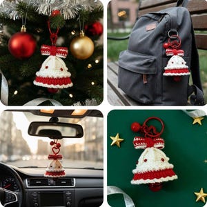 May include: A white and red crocheted Christmas tree ornament with a red bow and a red ball. The ornament is hanging on a Christmas tree, a backpack, and a car's rearview mirror. The ornament is also displayed on a green surface with gold stars.