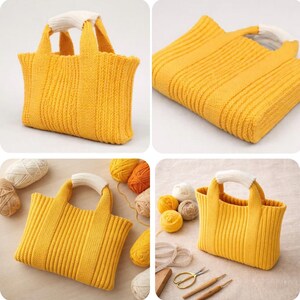 May include: A mustard yellow knitted tote bag with white handles. The bag has a ribbed texture and a rectangular shape. The handles are a contrasting white colour. The bag is shown from multiple angles.