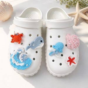 Patrón de ganchillo para dijes de Crocs con temática oceánica en PDF, patrón de Jibbitz de animales marinos para ganchillo, cangrejo, ballena, medusa, concha, ola, estrella de mar, dijes para zapatos de playa