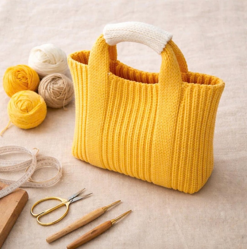 May include: A yellow knitted tote bag with a white handle, surrounded by balls of yarn in yellow, cream, and brown. A measuring tape, scissors, and crochet hooks are also present, suggesting a crafting theme.