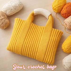 Può includere: Una borsa tote all'uncinetto gialla con coste verticali e manici bianchi. Il testo "Your crochet bag" è in basso. Diverse matasse di filato nei toni del giallo, arancione e crema sono sparse intorno alla borsa.