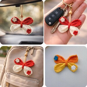 May include: Crocheted butterfly ornaments in red, white, and orange. One is hanging from a car mirror, another attached to a backpack, and a third on a keychain. The butterflies have a flower detail and are made of yarn.