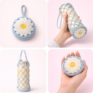 May include: A collection of handmade crochet items featuring a daisy design. The items include a round coaster with a loop, a water bottle holder, and a bottle cozy. The crochet work is in white, yellow, and light blue.