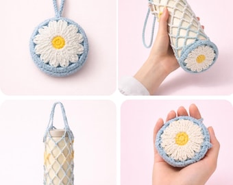 Modèle de porte-bouteille au crochet PDF, sac pour bouteille d'eau fleur, fourre-tout au crochet marguerite, support en filet, adapté aux débutants, téléchargement immédiat