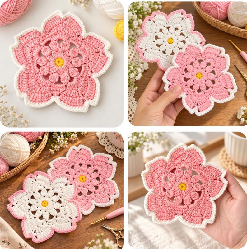 3D Flower Crochet Coaster Pattern PDF, Floral Mug Rug, Pink Blossom ...