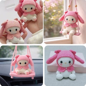May include: A collection of handmade crochet bunny dolls in various settings. The dolls are primarily white with pink accents, including a hat, cape, and swing. The bunnies have black eyes and are displayed in different poses, some on swings.