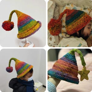 May include: A handmade, rainbow-striped crochet hat with a long, curved tip and a large pom-pom. The hat features a vibrant mix of colours, including red, orange, yellow, green, blue, and purple. The hat is shown in multiple images.