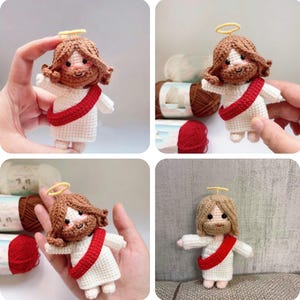 May include: A handmade crochet doll depicting a religious figure. The doll has brown hair, a yellow halo, and a red sash. It is wearing a white robe. The doll is approximately 4 inches tall.