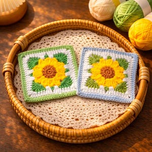 Peut inclure: Deux dessous de verre carrés au crochet avec des motifs de tournesols. Chaque dessous de verre présente un tournesol jaune avec un centre marron, des feuilles vertes et un fond blanc. L'un a une bordure verte, l'autre une bordure bleue. Ils reposent sur un plateau tressé.