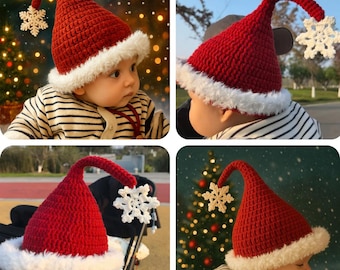 Patrón de crochet para gorro de Papá Noel para bebé (PDF), tutorial para gorro de duende navideño, gorro navideño esponjoso para recién nacidos y niños, patrón de crochet fácil para principiantes.