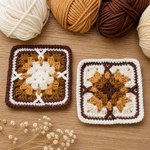 May include: Two square, handmade crochet coasters in shades of brown, cream, and tan. The coasters feature a floral design in the center and a dark brown border. Several balls of yarn in matching colors are in the background. The coasters are approximately 4 inches square.