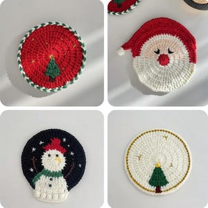 May include: A collection of four handmade Christmas-themed crochet coasters. Designs include a red coaster with a Christmas tree, a Santa Claus face, a snowman, and a coaster with a Christmas tree design. Each coaster is a unique, festive addition.