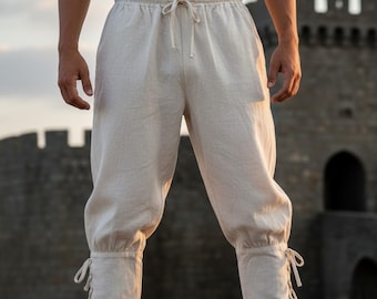 Pantalones blancos medievales con cordones – Pantalones vikingos renacentistas para hombre