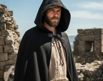 Capa medieval de algodón con capucha (marrón, verde y negro) para LARP, cosplay vikingo y renacentista.