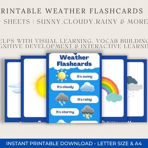 Weather Printable Flashcards for Kids | Educational Weather Vocabulary Cards | Homeschool , ESL Learning Tool | Preschool , Toddler Activity