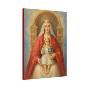 May include: A religious painting depicting a crowned figure in a red cloak and white robe seated on a throne, holding a small crowned child in a white garment. The child holds a blue orb with a gold cross. The background features an arched structure.