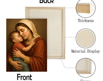 May include: A framed print of a mother and child in warm tones. The artwork features a woman in a red robe and a child in a red shirt and blue pants. The frame is light-colored wood, and the back is visible.
