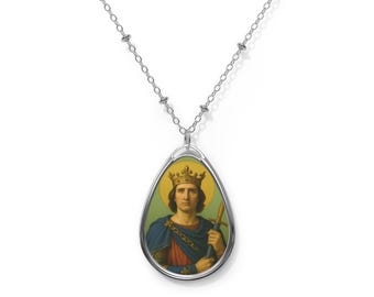 Saint Louis of France Necklace, Holy King, Catholic Oval Pendant Gift