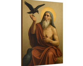Op de afbeelding: Een canvas print van een religieus schilderij met een bebaarde man met een halo, gekleed in rode gewaden, die interactie heeft met twee zwarte kraaien. De achtergrond is een warme, neutrale kleur.