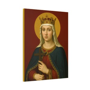 Puede incluir: Impresión en lienzo de un retrato de una mujer coronada sosteniendo una cruz. Viste una túnica roja y azul, con un halo dorado sobre un fondo rojo oscuro. Arte religioso.