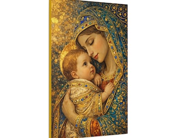 May include: A religious canvas print depicting a mother and child. The mother wears a blue and gold head covering and holds the child, who is wrapped in a gold and white cloth. The background is a golden, textured pattern.