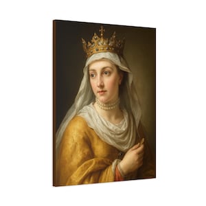 Puede incluir: Impresión en lienzo de un retrato de una mujer con corona de oro, collar de perlas y vestido dorado y blanco. La mujer tiene la piel clara y mira hacia un lado. El fondo es marrón oscuro.