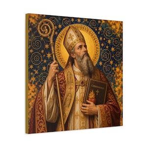 Op de afbeelding: Een vierkante wandkunstprint met een bebaarde bisschop in een mijter en rijkversierde rode en gouden gewaden. Hij houdt een gouden staf in de ene hand en een boek met de titel Confessiones en een afbeelding van een brandend hart in de andere.