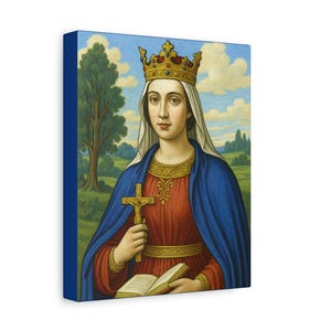 Puede incluir: Impresión en lienzo que presenta un retrato de una mujer con una corona de oro, sosteniendo una cruz dorada y un libro abierto. Viste un vestido rojo y una capa azul. El fondo muestra un paisaje con árboles y un cielo azul con nubes.