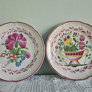 Vintage French Hand-Painted Ceramic Plates - Set of 2 - Floral Design - &quot;Fait Main France&quot;,  French country/Provence farmhouse wall plates