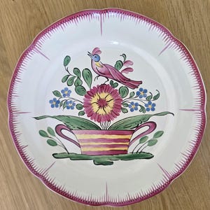 French Hand Painted Plate - Vintage Faience, Bird&Flower Design, Rustic Country Kitchen Wall Decor, Fait Main France