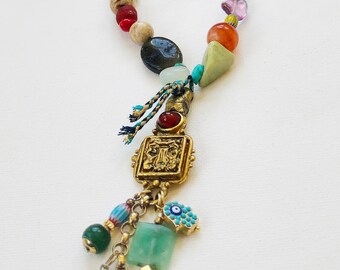 Micci Cohan Long Multi-Gemstone Chunky Beaded Necklace / Boho Necklace / Festival Necklace / Buddha Charm / Hamsa Charm / Gemstone Pendant