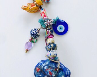 Micci Cohan Handmade Boho Key Chain, Evil Eye, Painted Shell, Bird, Beaded Boho Key Ring, Bag Charm, Clip On Pendant, One of a Kind